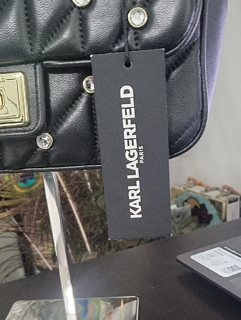 Karl Lagerfeld Black Quilted Shoulder Bag with Gold Chain and Crystal Accents - Picture 2 of 14